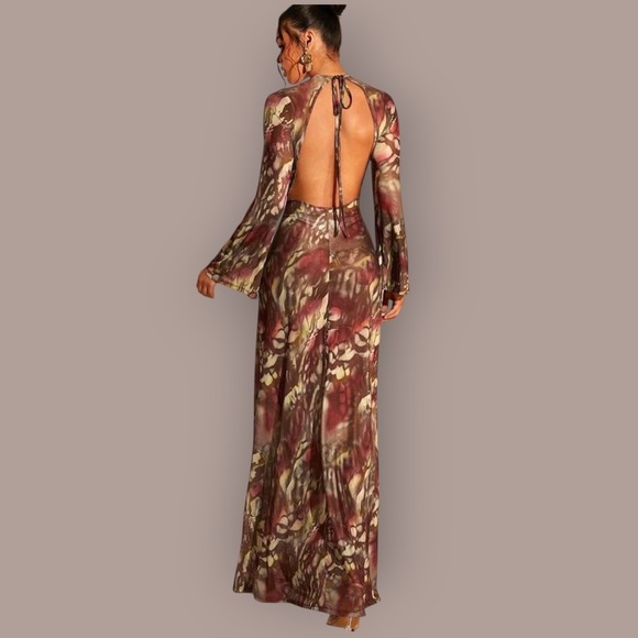 Dresses & Skirts - Sheer Mesh Abstract Print Maxi Dress Open Back Tie Neck Bell Sleeve Boho Y2K M/L